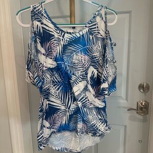 Blue and White Palm Print Women's Top